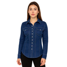 Load image into Gallery viewer, TuffRider Cody Ladies Western Denim Shirt with Covered Zip Closure and Decorative Pearl Snaps