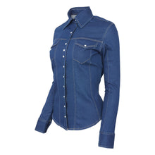 Load image into Gallery viewer, TuffRider Cody Ladies Western Denim Shirt with Covered Zip Closure and Decorative Pearl Snaps