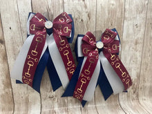 Load image into Gallery viewer, Horse Show Bows - Maroon Bits on Silver and Navy