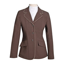Load image into Gallery viewer, Grand Prix Ladies EQJ 3 Button Show Coat, Chocolate with Tan Piping