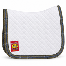 Load image into Gallery viewer, Studio presentation of white quilted Baker baby saddle pad with branded trim