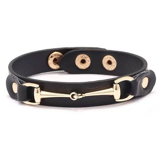 Int'l Vegan Leather Bracelet w/Gold Tone Snaffle Bit BLACK