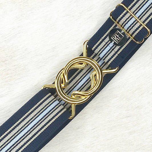 Navy Tan Stripe Elastic gold fancy buckle-adjustable belt-one size