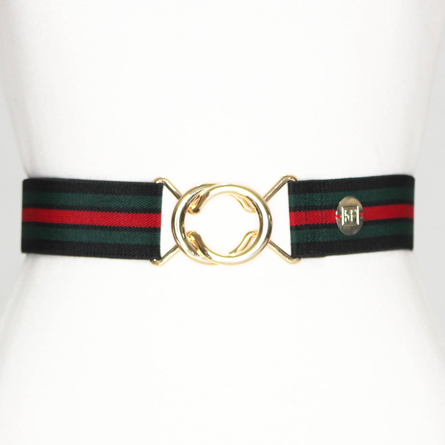 Black, Green, and Red Stripe Elastic gold buckle-adjustable belt