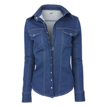 Load image into Gallery viewer, TuffRider Cody Ladies Western Denim Shirt with Covered Zip Closure and Decorative Pearl Snaps

