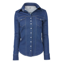 Load image into Gallery viewer, TuffRider Cody Ladies Western Denim Shirt with Covered Zip Closure and Decorative Pearl Snaps
