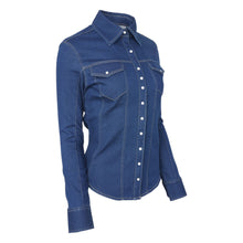 Load image into Gallery viewer, TuffRider Cody Ladies Western Denim Shirt with Covered Zip Closure and Decorative Pearl Snaps
