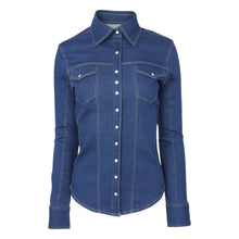 Load image into Gallery viewer, TuffRider Cody Ladies Western Denim Shirt with Covered Zip Closure and Decorative Pearl Snaps

