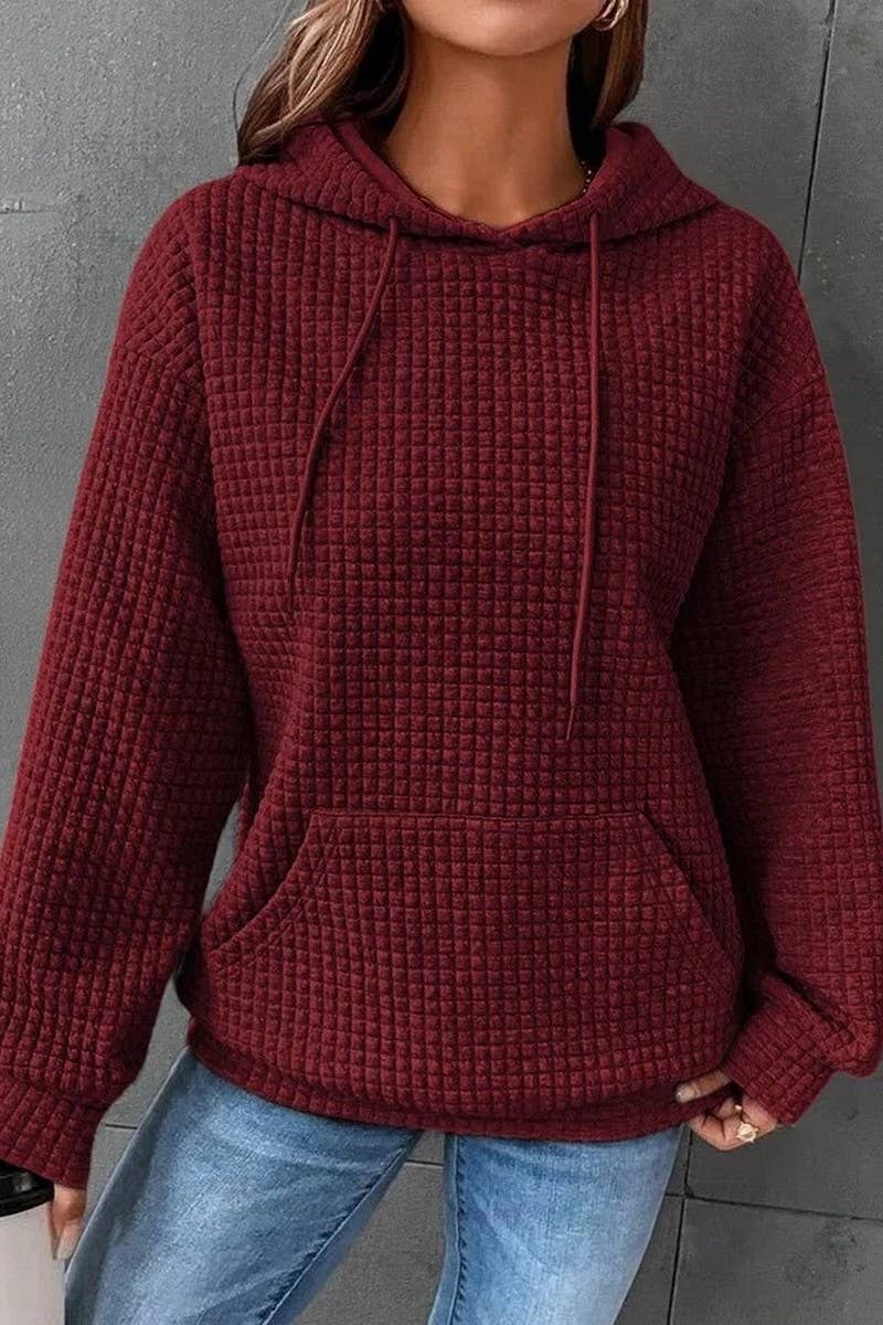 WOMEN DRAWSTRING WAFFLE LONG PULLOVER HOODIE_CWOHOL0201