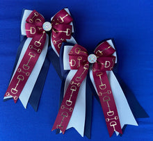 Load image into Gallery viewer, Horse Show Bows - Maroon Bits on Silver and Navy
