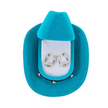 Load image into Gallery viewer, AWST Int'l Horseshoes Earrings w/Colorful Cowboy Hat Box
