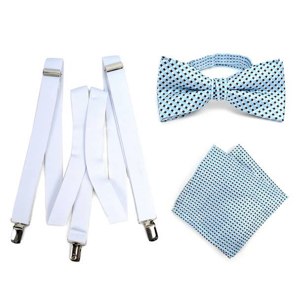 3pc Men's White Suspenders, Dots  Bow Tie & Hanky