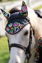 Load image into Gallery viewer, footprints and Day of the dead Pony Bonnet
