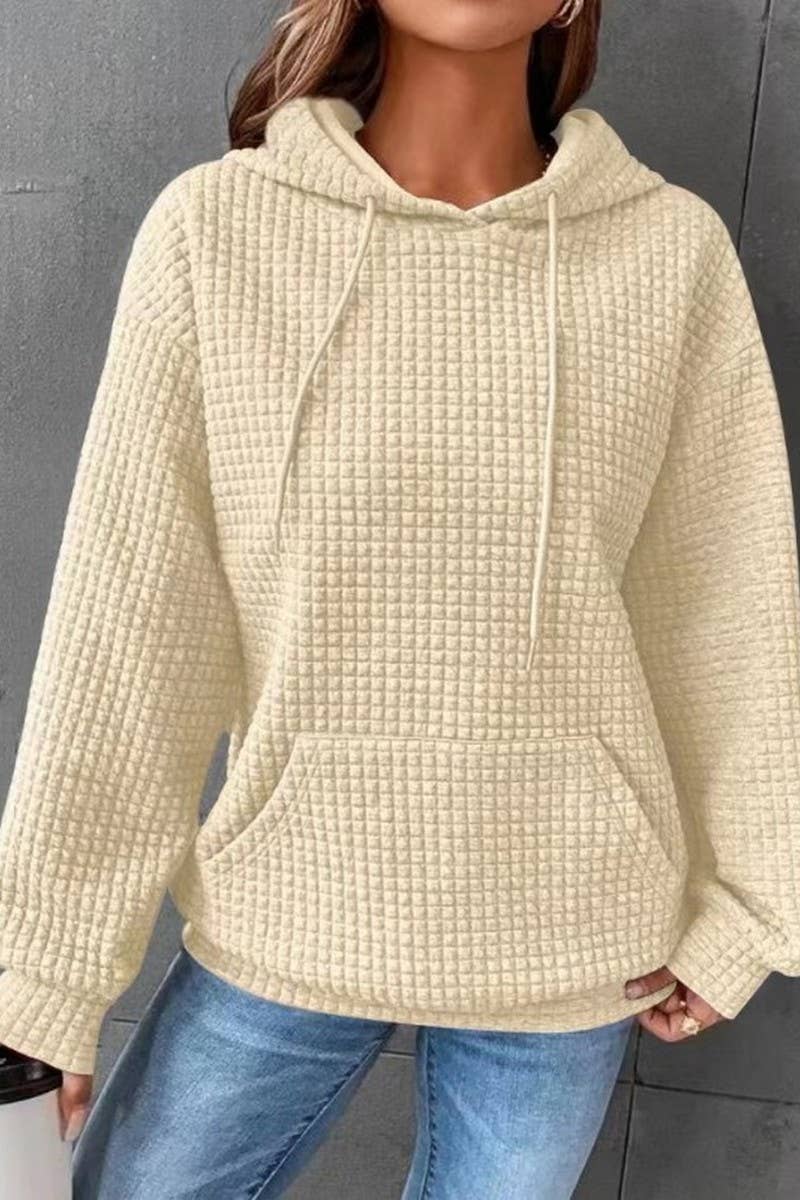 WOMEN DRAWSTRING WAFFLE LONG PULLOVER HOODIE_CWOHOL0201