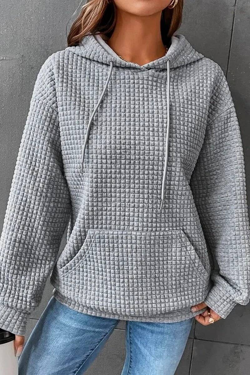 WOMEN DRAWSTRING WAFFLE LONG PULLOVER HOODIE_CWOHOL0201