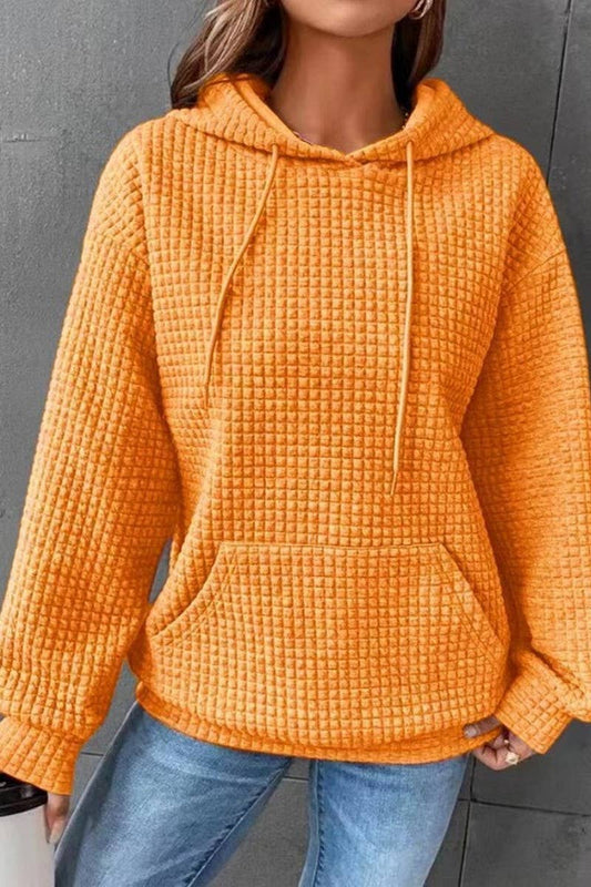 WOMEN DRAWSTRING WAFFLE LONG PULLOVER HOODIE_CWOHOL0201