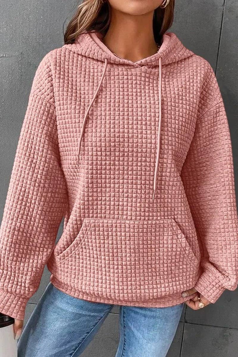 WOMEN DRAWSTRING WAFFLE LONG PULLOVER HOODIE_CWOHOL0201