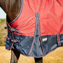 Load image into Gallery viewer, DS26 Jeffers Poplar Head Uniquely English 1200 Denier Turnout Blanket with High Neck, 240 Gram, Merlot Snaffles &amp; Irons

