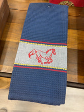 Load image into Gallery viewer, Michaelian Home navy horse embroidery kitchen towel with red stitched horse on light blue stripe
