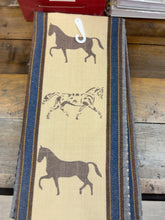 Load image into Gallery viewer, Michaelian Home Show Horses blue kitchen towel with brown horse prints and navy blue borders
