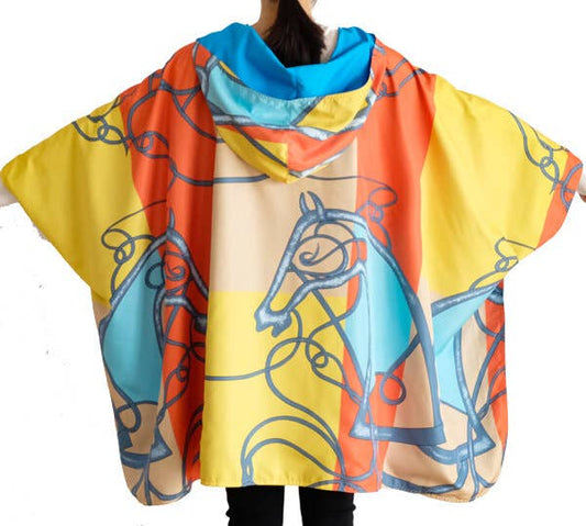 Turq / Orange Reversible Rain Cape - Swirling Horse