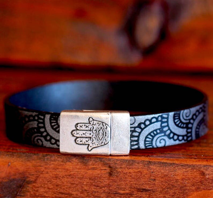 Silver Hamsa Bracelet with Gray Embossed Leather