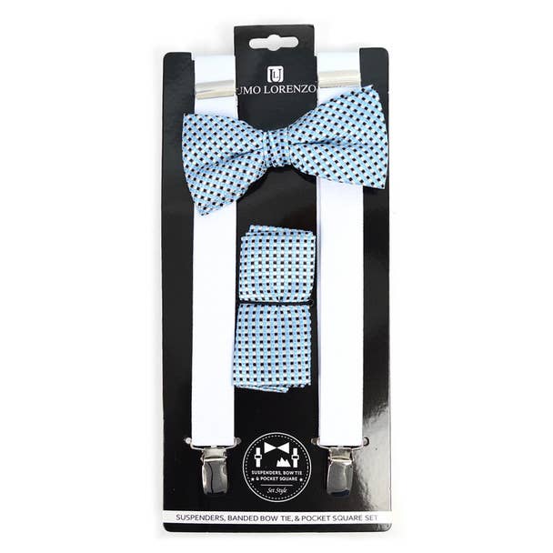 3pc Men's White Suspenders, Dots  Bow Tie & Hanky