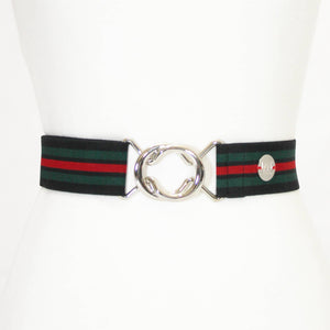 Black, Green, and Red Stripe Elastic silver buckle-adjustable belt
