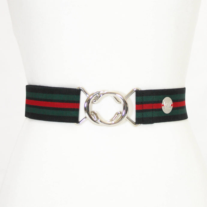 Black, Green, and Red Stripe Elastic silver buckle-adjustable belt