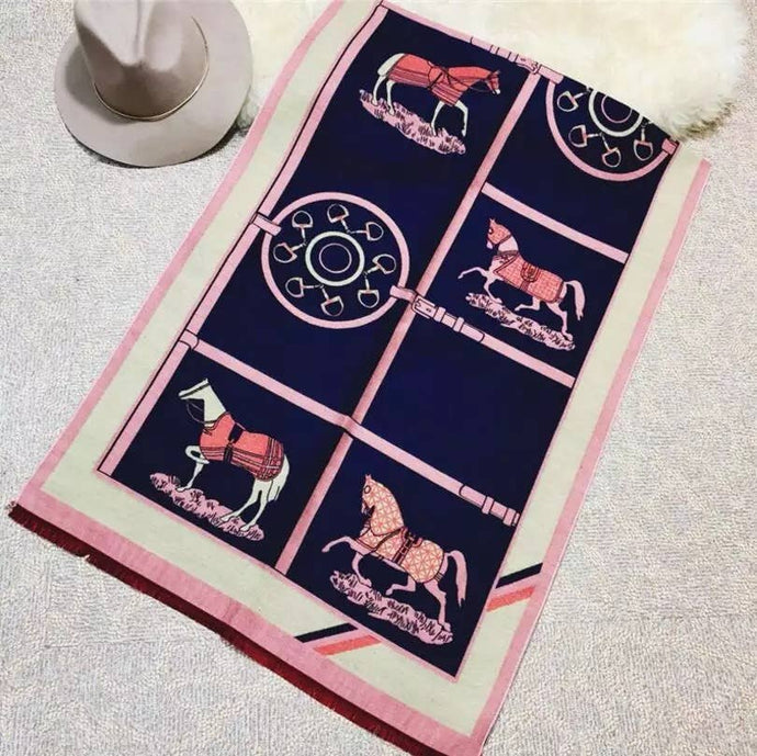 Equestrian Horse Blanket Print Wool Blend Scarf
