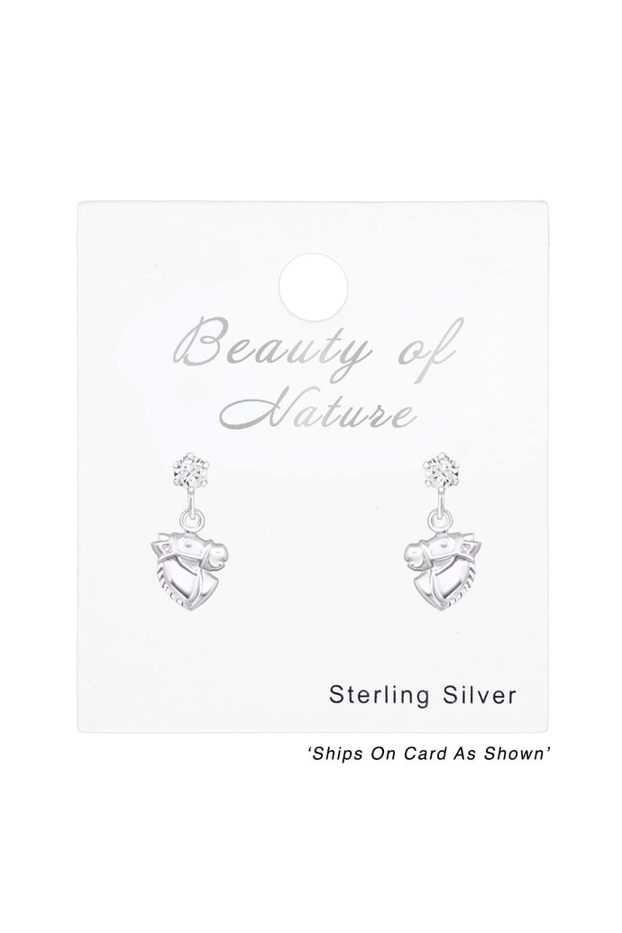 Sterling Silver Ear Studs with Hanging Horse and Crystals