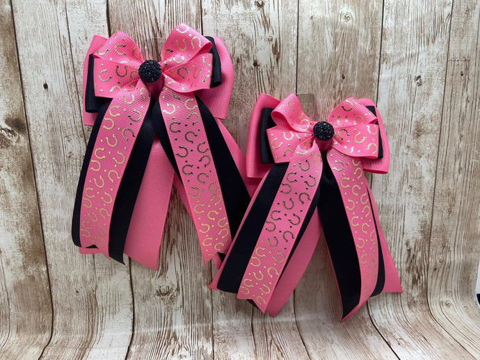 Equestrian Horse Show Hair Bows - Pink and Black Horseshoes