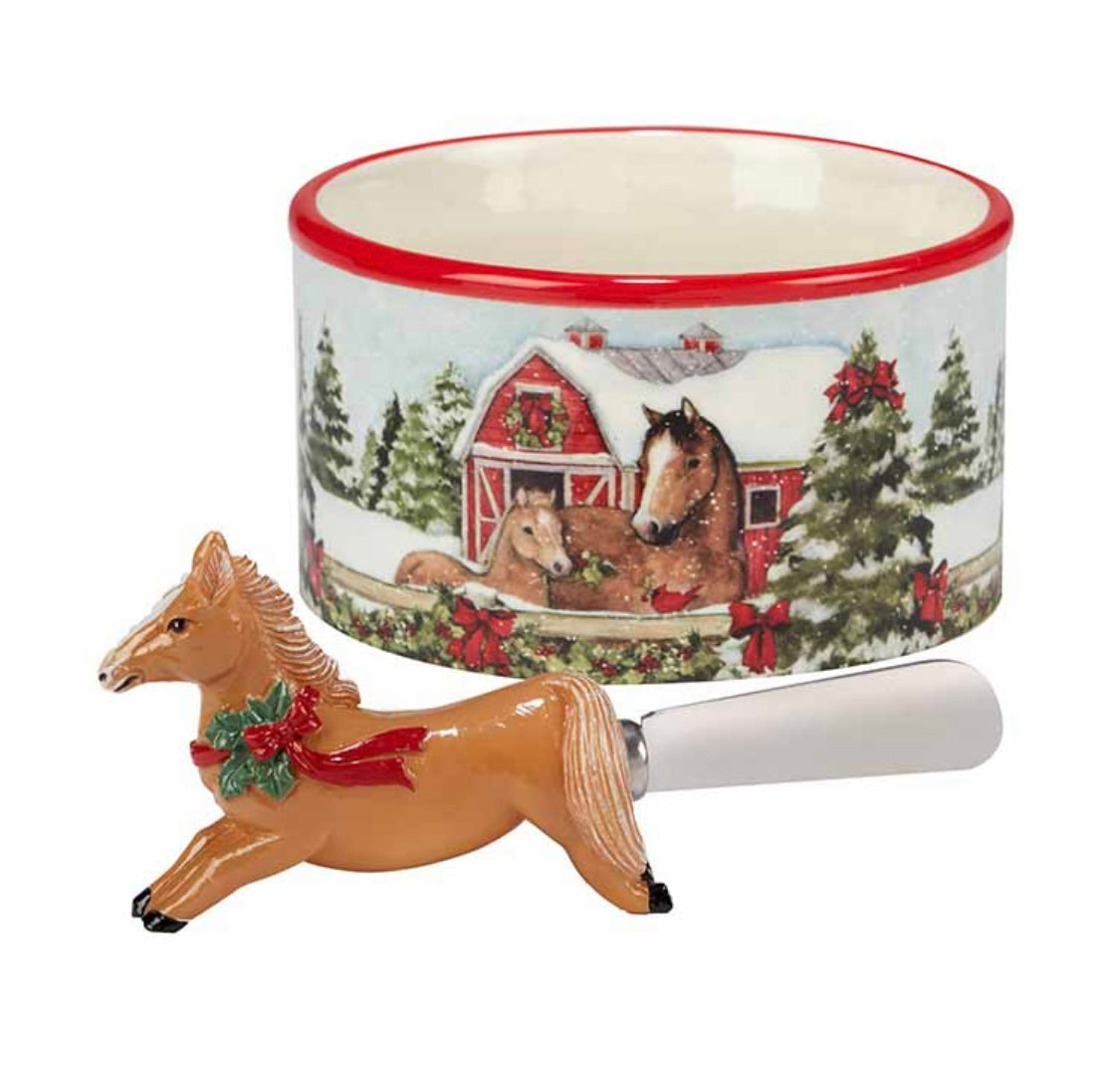 Snowy farm 5” cheese bowl with spreader